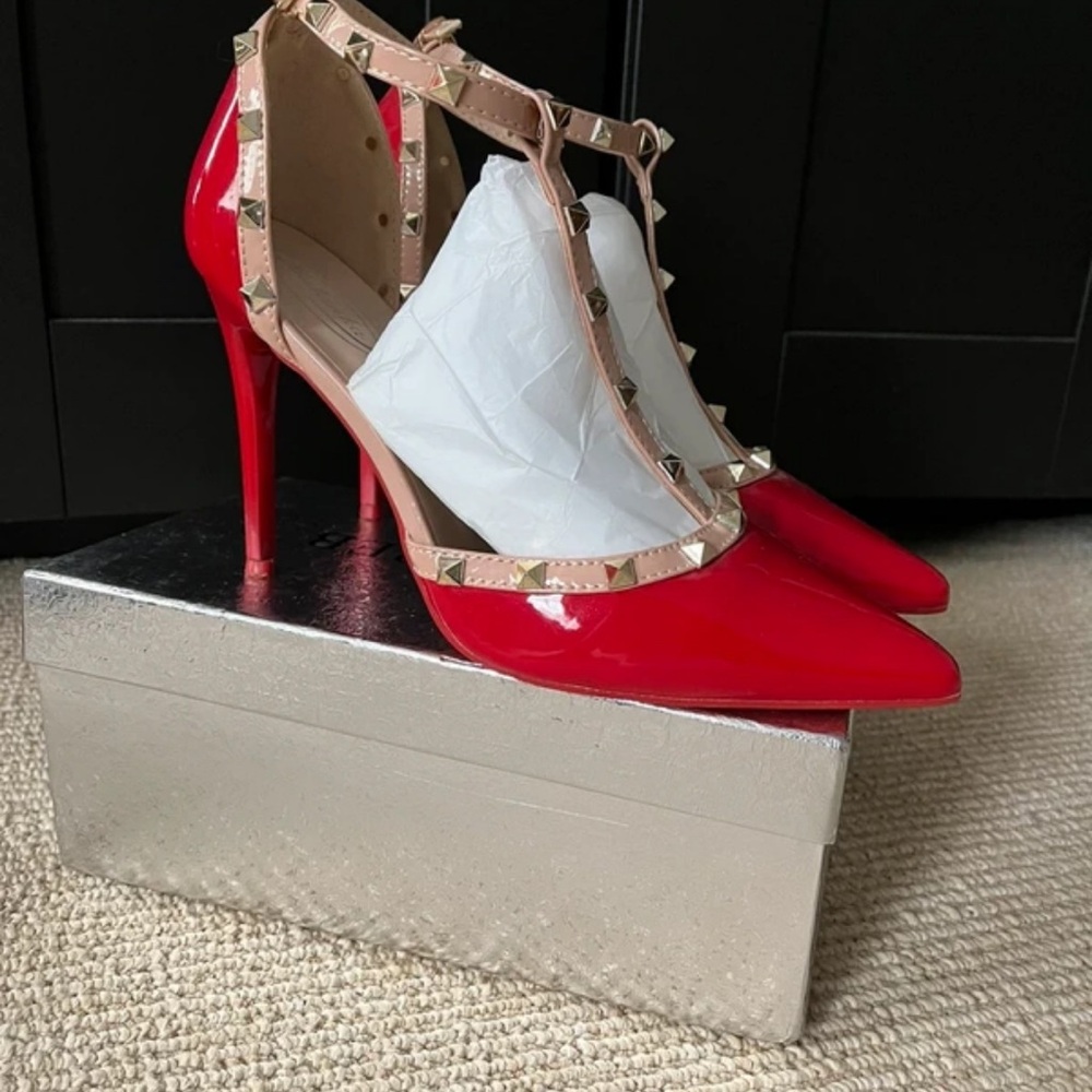 Red Camel Glossy Red Heels with Studded Straps